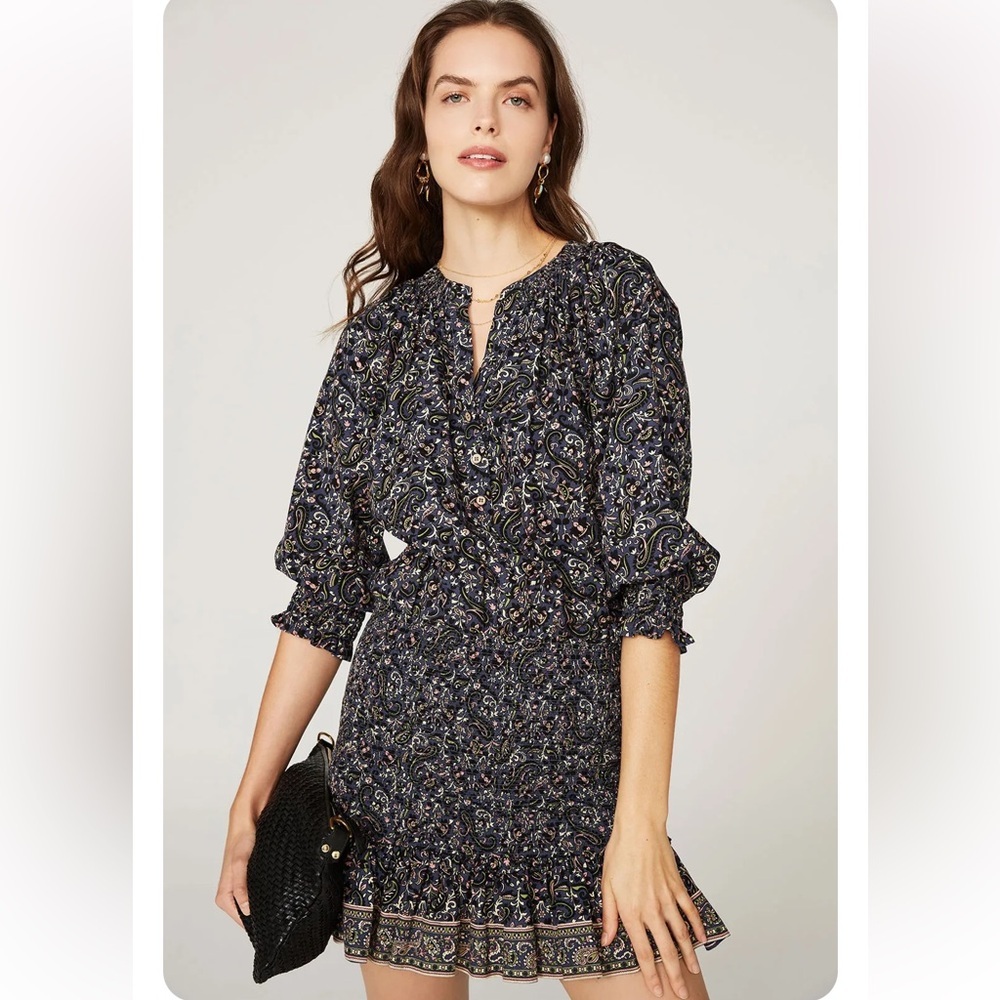 Veronica Beard Karlina Floral V-Neck Long Sleeve Smocked Cotton Mini Dress 8